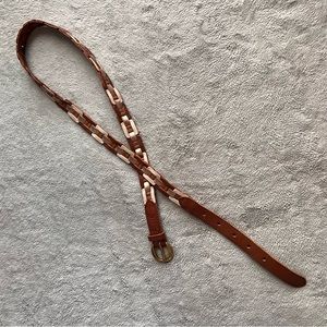 Fossil Neutral Leather Woven Square Skinny Belt Brown White Gold Medium